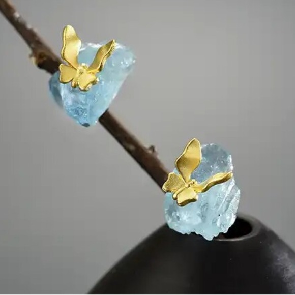 925 Silver Artisan Handmade Natural Aquamarine Butterfly The Zahir Earr… - Picture 1 of 13
